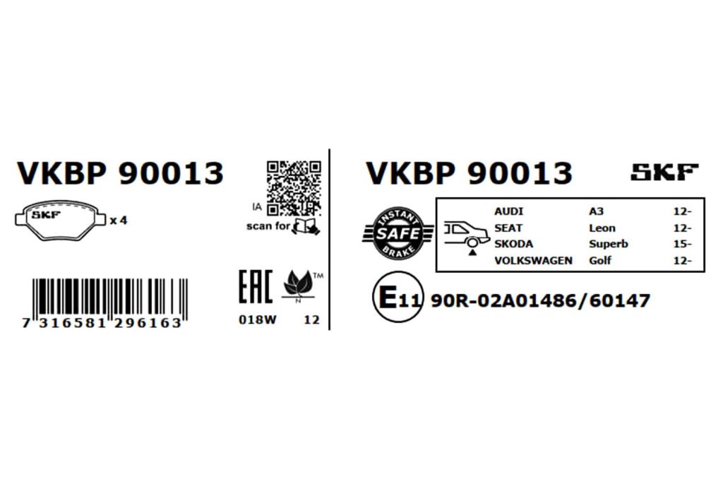 Jeu de 4 plaquettes de frein SKF ref. VKBP 90013
